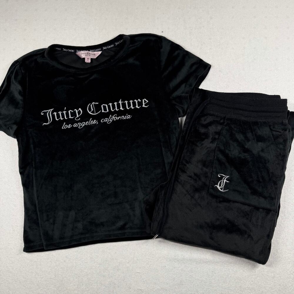 Juicy Couture Black Velour 2 Piece Set Women’s Medium Flare Pants Logo Top Y2K